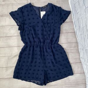 BTFBM fully lined v-cut short sleeve romper w/fabric appliqués navy blue sz L